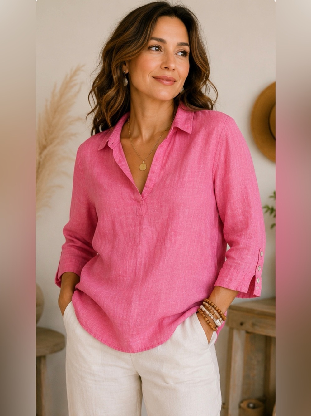 Tahari 100% Linen Pink Split Neck 3/4 Sleeve Shell Button Topβ Women's M